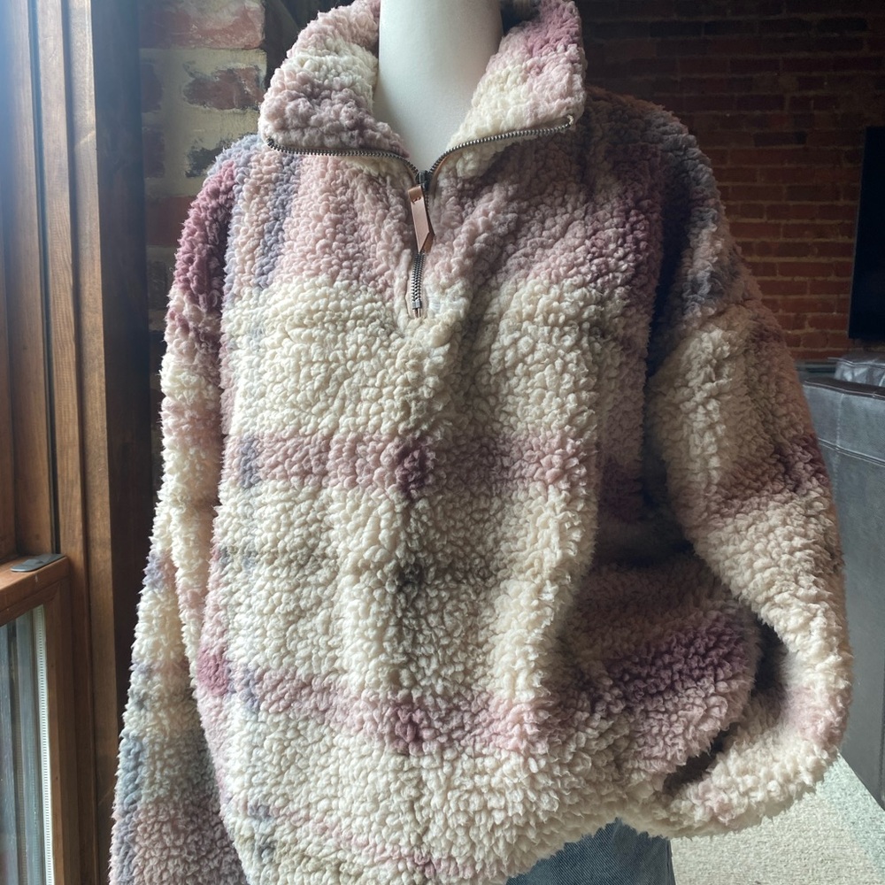 Thread & Supply Plaid Sherpa Pullover - beige and purple Sz M